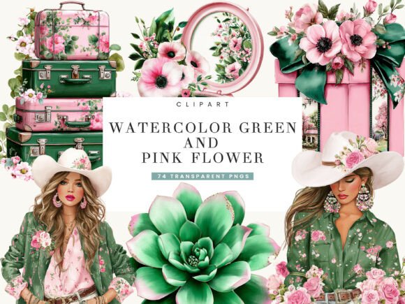 Download Watercolor Green and Pink Flower Clipart - Premium Bundle