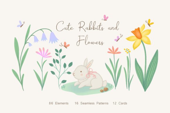 Download Cute Rabbits and Flowers Illustrations - Cute Collection