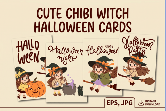 Download Cute Chibi Witch Halloween Cards - Cute Collection