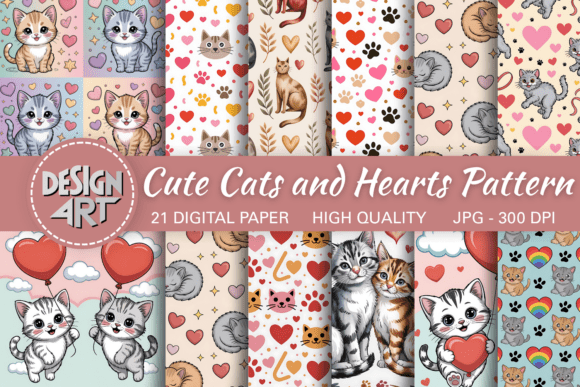 Download Cute Cats and Hearts Pattern - Cute Collection