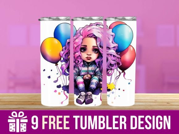 Download 3D Cute Girl with Balloons Tumbler Wraps - Cute Collection