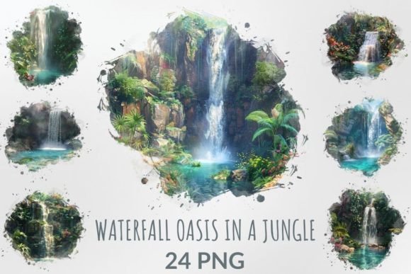 Download Watercolor Waterfall Oasis in a Jungle - Premium Resources